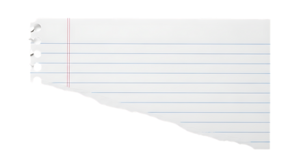 Torn lined paper with three punch holes isolated on transparent background