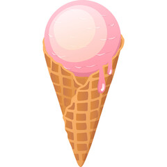 Single scoop pink strawberry ice cream cone with melting drips on a crisp waffle cone with a transparent background