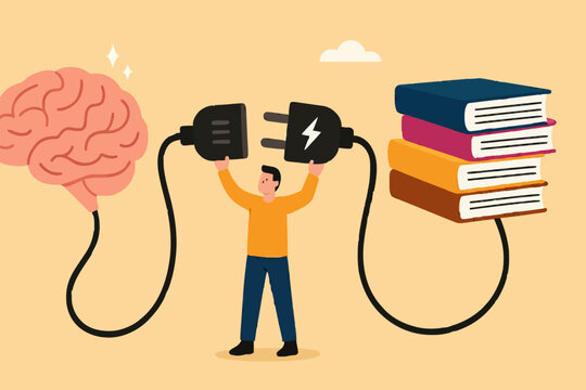read books to learn new lessons, literature or intelligence information, improve literacy and numeracy skills, woman connect plug with stack of book with human brain concept vector illustration