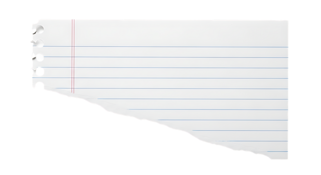 Torn lined paper with three punch holes isolated on transparent background