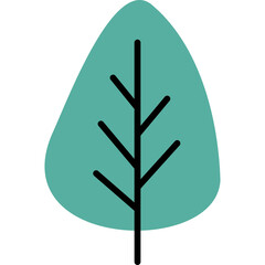 Simple Teal Leaf Illustration with Black Stem and Branches on Transparent Background Minimalist Style Vector Graphic