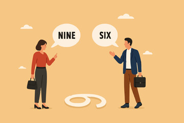 different opinion because different viewing angle, differences in ways of thinking or searching for solutions, businessman and woman argue from different points of view to determine number nine or six