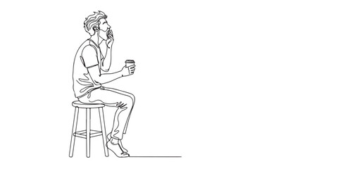 Minimalist line art of a man sitting on a stool, yawning while holding a coffee cup. A relaxed and expressive illustration ideal for morning routine content, lifestyle branding, social media graphics