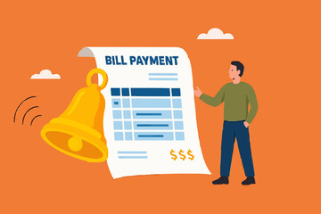 bill payment, shopping costs or credit card payments, financial service to pay for transaction, bill payment reminder concept, businessman with bill payment paper and notification bell