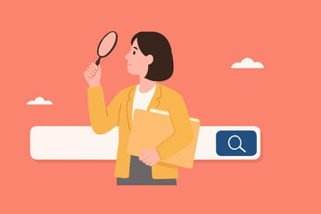 find new job or explore website concept, looking for job vacancies, browse the internet to get information, search concept, woman looking for job information in the search box using magnifying glass