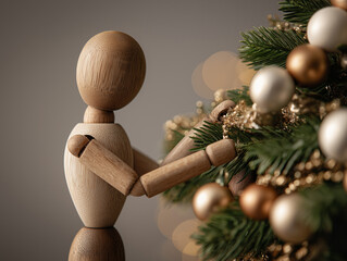 Wooden mannequin arranging decorations and garlands on Christmas tree, representing unity and love.