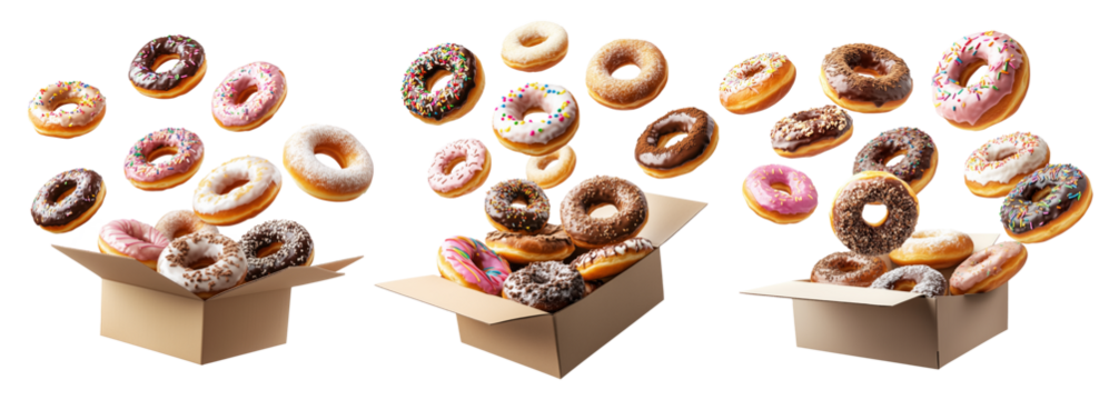 Variety of frosted donuts with sprinkles and glaze falling into an open box, isolated on white transparent background