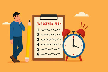 business emergency plan or strategy illustration, emergency action plan, emergency action plan when business disaster occurs, business stand with a list of emergency plans with an alarm clock beeping
