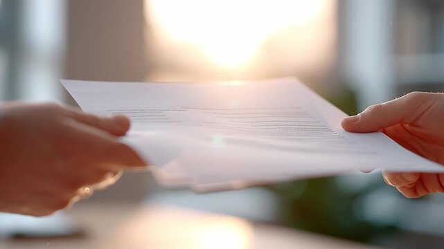 Important Document Exchange in Bright Office Setting Trust and Collaboration in Professional Business and Insurance Relationships, Highlighting Essence of Paperwork and Teamwork