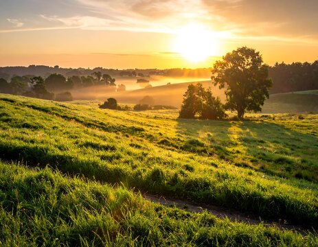 A vibrant sunrise over green rolling hills with trees and a misty valley