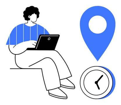 Person sitting with laptop, blue location pin, and clock emphasizing productivity, remote work, time management, online collaboration, planning, goal-setting and efficiency. Simple flat metaphor