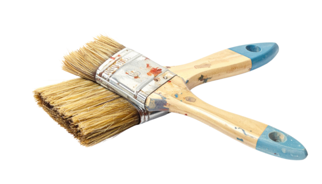 Wooden handle paint brush with metal ferrule and bristle is an isolated tool for art painting or decorating against transparent background