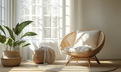 Sunlit room with serene ambiance, creating a calming atmosphere. Soft shadows and streaming sunlight enhance the cozy furnishings, making it ideal for home decor content, Generative AI