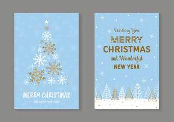 Collection of Christmas cards with tree and snowflakes. Vector illustration
