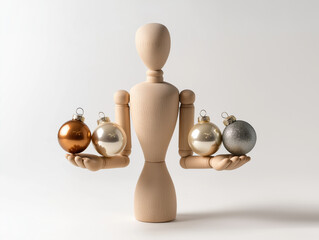 Wooden mannequin balancing elegant glass Christmas ornaments in hands, conveying harmony, care, and the magic of the holiday season, captured in minimalistic style with a bright white background.