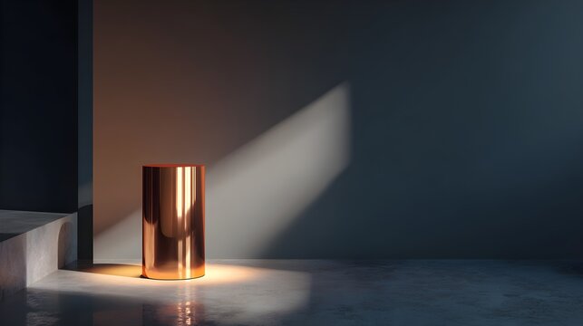 Minimalist copper cylinder illuminated by warm light, modern design, abstract geometric form, studio lighting