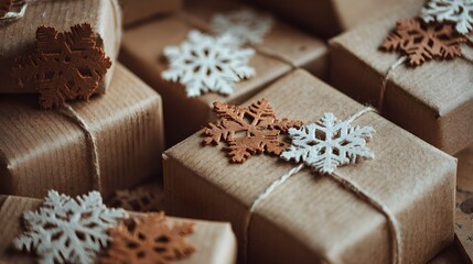 Rustic kraft gift boxes with delicate snowflake ornaments, cozy winter holiday celebration aesthetic.