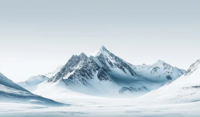 Fototapete Berge Abstract and minimalist snow capped mountain surrounded by symmetry in the center of snowy mountains against a clean background with white space.  © Roger