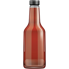 A clear glass bottle filled with rich red liquid resembling tomato sauce or ketchup with a black screw-on cap on a white background