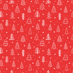 Colourful Christmas seamless pattern with cartoon trees and snowflakes. Wallpaper design. Vector illustration