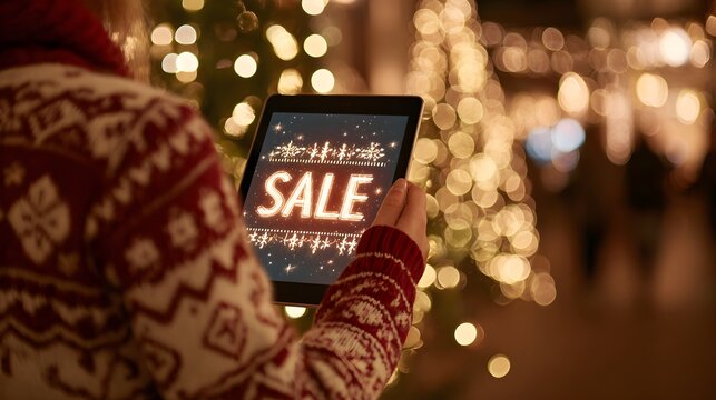 Festive holiday shopping on tablet with bright bokeh lights, winter sale promotion concept.