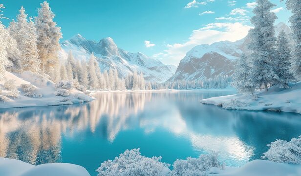 A beautiful lake in the snow covered mountains, a winter wonderland with white trees and ice under a clear sky reflecting on the water.
