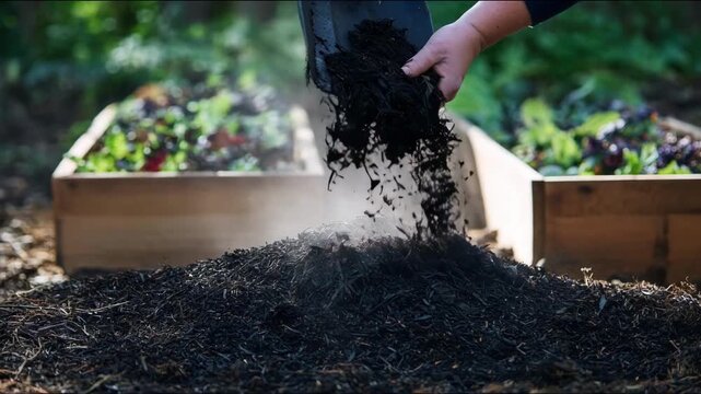 Medium shot of mixed hardwoods biochar being applied in a garden bed showcasing ecofriendly soil amendment for improved crop yields.