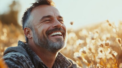 Mature man laughing outdoors, embodying peace, contentment, and vitality. A joyful, confident expression radiates positivity and joy, perfect for personal growth and happiness visuals, Generative AI