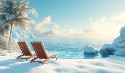 Two beach chairs on the shore of an icy ocean with palm trees and snow covered mountains in the background on a beautiful sunny winter day.