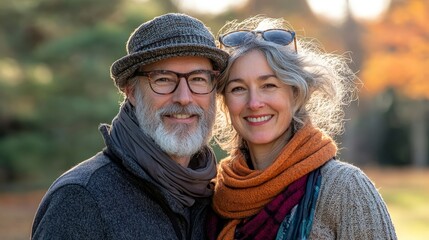 Mature couple, portrait of a man and woman bonding outdoors, radiating positivity and love. Ideal for content creation, happiness, and romantic exploration in an outdoor, serene, Generative AI