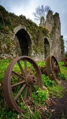 Obraz premium Rusty wagon wheels sit by ancient castle ruins