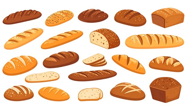 Assortment of baked loaves, baguettes, and sliced bread in various forms, shapes, and colors, isolated on white