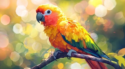 parrot illustrated in digital art, ideal for animal-themed posters, postcards, or printing. The vibrant cartoon drawing adds creativity and charm to any decorative space, Generative AI