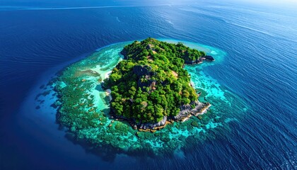 Vibrant green tropical island surrounded by crystal clear turquoise ocean waters and coral reefs under a bright sunny sky with fluffy white clouds.