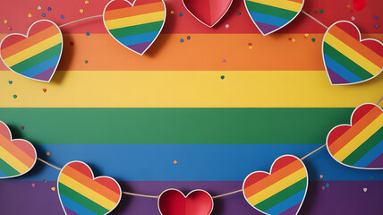 Rainbow-colored heart decorations strung across a striped background featuring the colors of the LGBTQ+ pride flag.