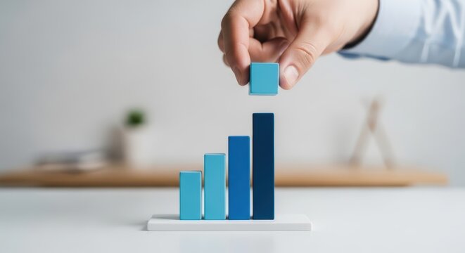 Hand adding block to blue wooden bar graph progress - Powered by Adobe