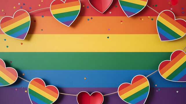 Rainbow-colored heart decorations strung across a striped background featuring the colors of the LGBTQ+ pride flag. - Powered by Adobe