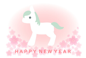 午年　年賀状テンプレート　白馬　桜