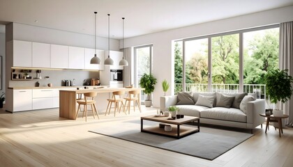 Fototapeta premium Bright modern open-plan living space with kitchen island and nature views