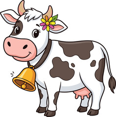 Cheerful cartoon cow with flower behind ear and golden bell, black and white dairy design for kids and farm themes