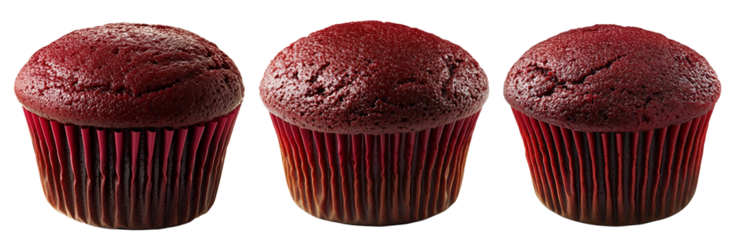 Red velvet cupcake with rich texture and deep color in red wrapper, isolated on white transparent background