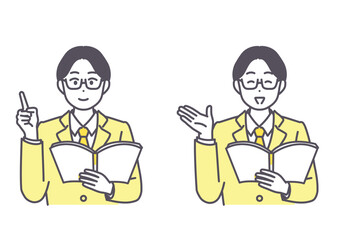 ビジネス男性が説明、解説しているイラスト素材