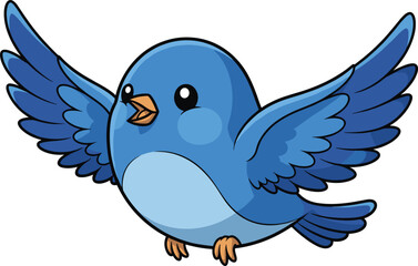 Cheerful cartoon blue bird flying with wings spread, vibrant character for kids content, logos, and educational animal-themed designs