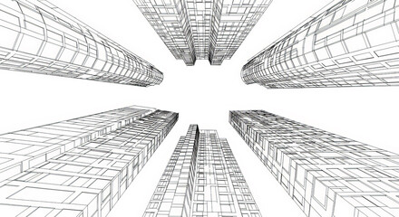 Business district of a big city in black and white art line style.