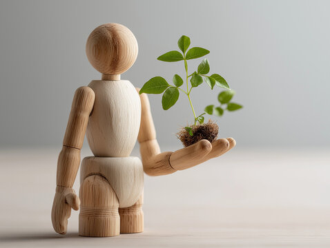 Wooden mannequin holding a small green plant sprouting from its hand, representing hope, growth, and renewal through mindful living and self-care.
