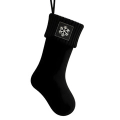 Stylish black knitted Christmas stocking featuring a crisp white snowflake patch, perfect for festive holiday gifting and cozy winter decor.