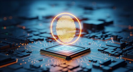 Digital fingerprint security concept on a futuristic microchip with glowing orange aura