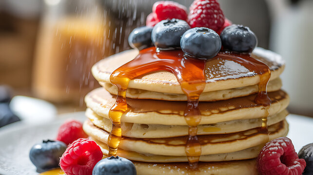 Stack of pancakes topped with fresh berries and drizzled with syrup - Powered by Adobe