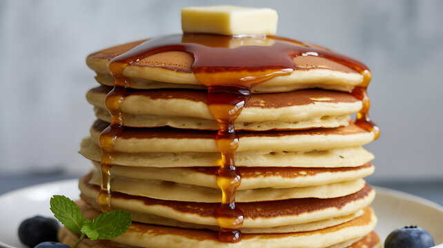 Stack of golden pancakes topped with syrup, butter, and blueberries on a plate