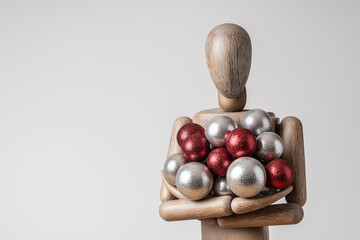 Wooden mannequin holding delicate silver and red Christmas balls, reflecting joy, unity, and warmth of holiday season, in artistic studio setup with soft shadows on white background 